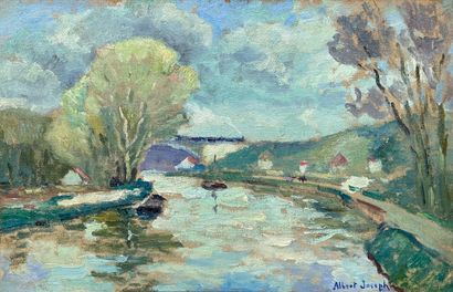 Albert JOSEPH (1868-1952) 
Bord de rivière animée
Deux huiles sur toile, signées...