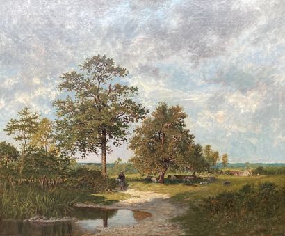 Ernest GUILLEMER (1839-1913) 
Bergère en bord de rivière
Huile sur toile, signée...