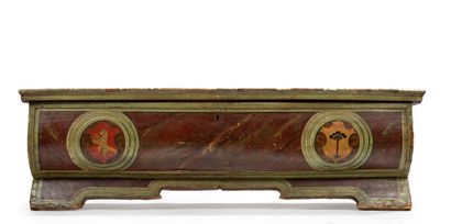 null Cassone in walnut and polychromed poplar, of tomb form, with a swollen front...