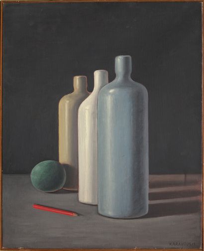 Sarandis KARAVOUSIS (1938-2011) 
Nature morte aux trois bouteilles
Huile sur toile,...