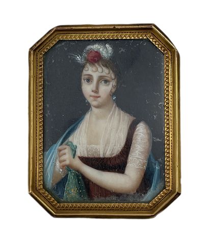 Ecole française, début XIXe siècle 
* Elegante à la robe marron, circa 1810
Miniature...