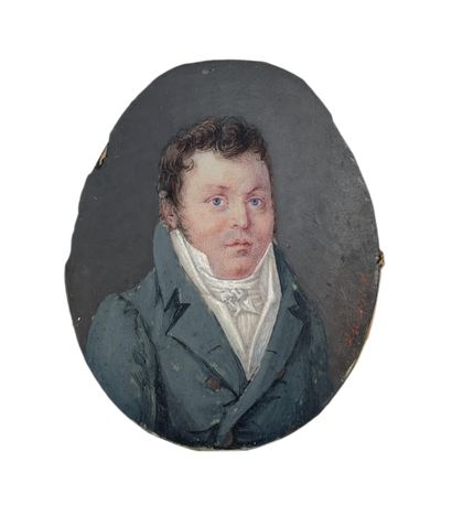 AUBOIN (actif début XIXe siècle) 
* Portrait d'homme à l'habit gris
Miniature ovale...