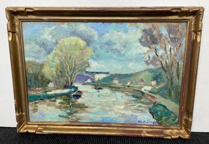 Albert JOSEPH (1868-1952) 
Bord de rivière animée
Deux huiles sur toile, signées...