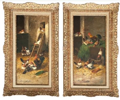 Bernard NEUVILLE (XIXe-XXe) 
Poulallier
一对布面油画，左下角签名
55 x 25 cm
(其中一个修复和罕见的小图画损失...