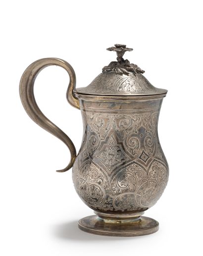 null 
Silver cream pot with handle, decorated with geometrical interlacing and field...