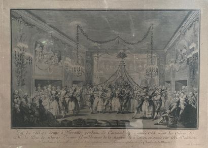 null Lot de pièces encadrées dont gravures de Louis XVII, Carnaval de l'année 1763...