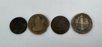 null Lot de quatre monnaies anciennes dont rois des français 1792, Napoléon III 1854 Usures,...