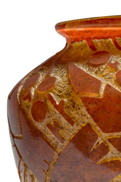 DAUM NANCY FRANCE 
Thick orange glass vase with acid-etched decoration of foliage
Signed...