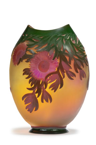 ÉTABLISSEMENTS GALLÉ A large doubled glass vase with a flattened belly and pinched...
