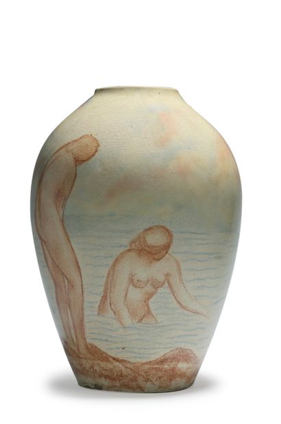 Félix Pascal Fevola (1882-1953) 
Glazed ceramic baluster vase with polychrome decoration...
