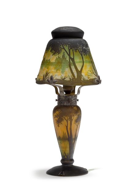 DAUM Nancy A lined glass desk lamp with acid-etched decoration of a lake landscape
Signed...