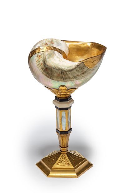 Henri et René TRESER 
A cup on a pedestal decorated with a shell, gilded bronze mount...