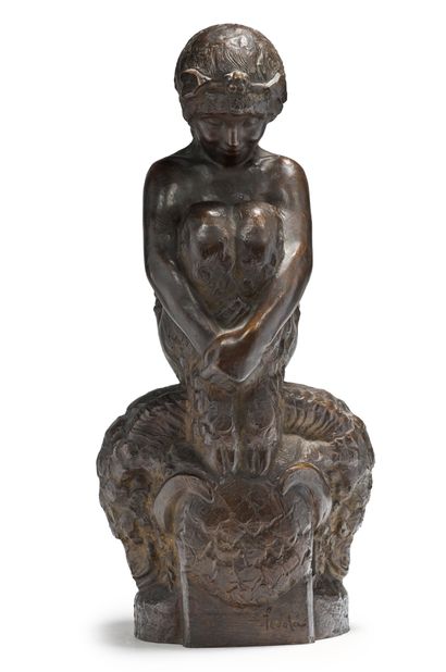Félix Pascal Fevola (1882-1953) 
Brown patina bronze sculpture of a faun sitting...