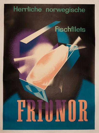BÜHLER Fritz et RUODI Barth 
Herrliche norwegische Fischfilets. Frionor. 1949. Affiche...
