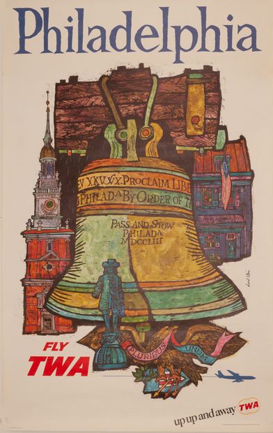 KLEIN DAVID 
Philadelphia. Fly TWA. Up up and away TWA. 1955. Affiche offset. #4-1080....