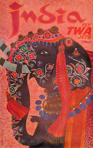 KLEIN DAVID India. Fly TWA Jets. Circa 1960. Affiche offset. Litho in U.S.A - 4-1087....