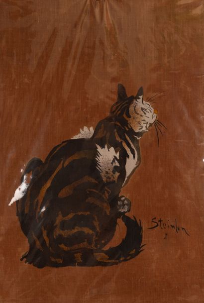 STEINLEN Théophine Alexandre d'après Cat lying down. Stencil on brown cloth background...