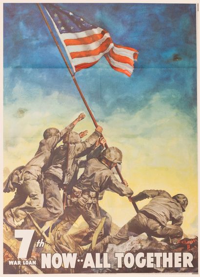 BEALL C.C. “US Marines at Iwo Jima”. 7th War Loan. Now.... All Together. 1945. Affiche...