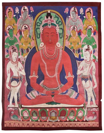 NEPAL - XXe siècle Thangka, détrempe sur cuir, Amithaba assis sur un socle en forme...