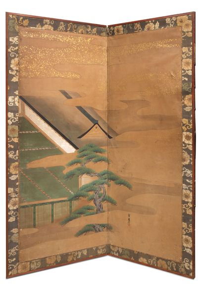 JAPON - Milieu Epoque EDO (1603 - 1868) Paravent à deux feuilles, encre polychrome...