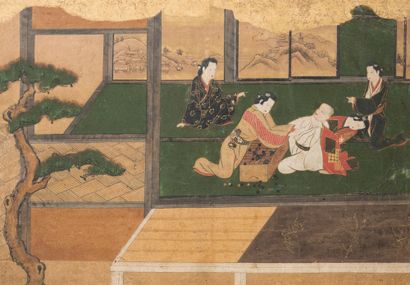 JAPON - Epoque EDO (1603 - 1868), XVIIIe siècle Partie de rouleau encadrée sous verre,...