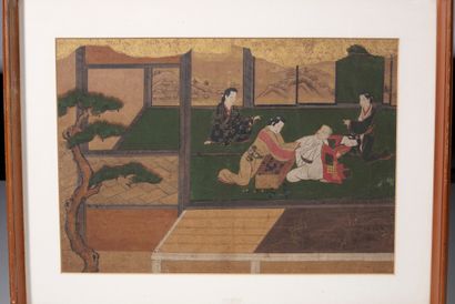 JAPON - Epoque EDO (1603 - 1868), XVIIIe siècle Partie de rouleau encadrée sous verre,...