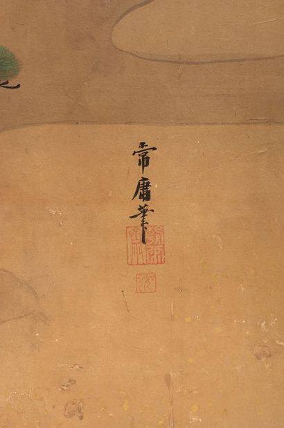 JAPON - Milieu Epoque EDO (1603 - 1868) Paravent à deux feuilles, encre polychrome...
