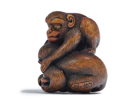 JAPON - XIXE SIÈCLE Netsuke en bois, deux singes, leurs poils finement ciselés, les...