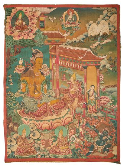 TIBET - XXe siècle Thangka, détrempe sur toile, boddhisattva assis tenant deux branches...