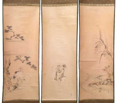 JAPON - XIXE SIÈCLE Trois encres et couleurs sur papier sur le thème de la longévité,...
