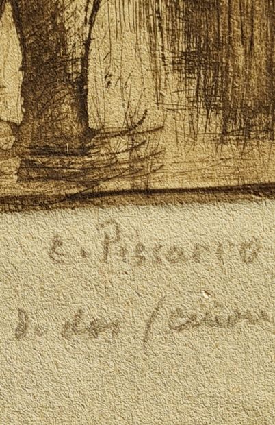 Camille PISSARRO (1830-1903) 从后方看裸体的浴者 蚀刻版画(8.9 x 7.4 cm)，厚织纸(20.5 x 21.5 cm)，有注...