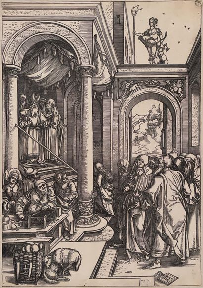Albrecht Dürer (1471-1528) 圣母玛利亚在圣殿的呈现 圣母玛利亚生活的板块之一。纸上木刻，水印为带角的冠状纹章 30,5 x 21,5 ...