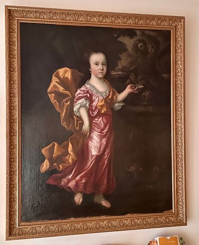 Pieter NASON (1612-1688), entourage de 
穿着粉色连衣裙、戴着珍珠项链的少女肖像 画布 126 x 101,5 cm (修复和一些缺失部分)...