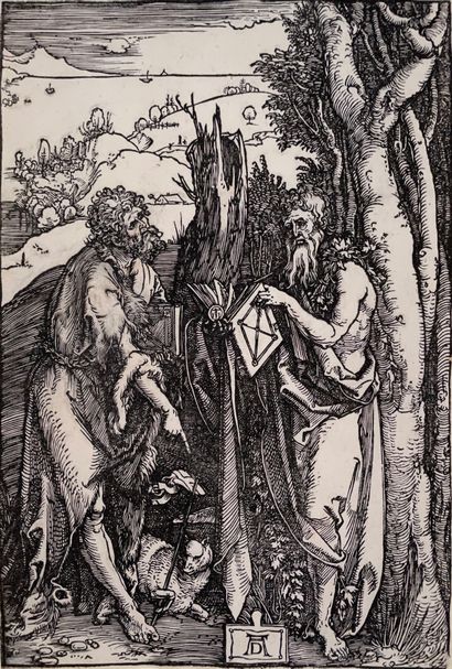 Albrecht Dürer (1471-1528) 施洗者圣约翰和奥努弗里斯，约1503年 纸上手绘木版画 21,5 x 14,5 cm 剪切主题 非常好的老样，深黑色。参考资料:...