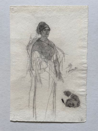 Félicien Rops (1833-1898) Figure féminine, Septembre 1861 Dessin au fusain, signé...