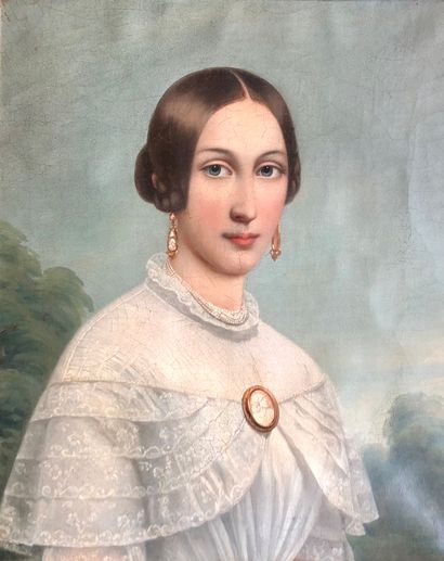 ECOLE FRANÇAISE, vers 1850 Portrait of a woman in a white dress Oil on canvas pasted...