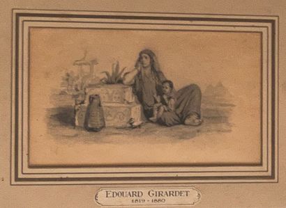 Edouard GIRARDET (1819-1880) 女人和她的孩子 墨水和铅笔画，右下角有签名 9,7 x 17 cm (正在观看)