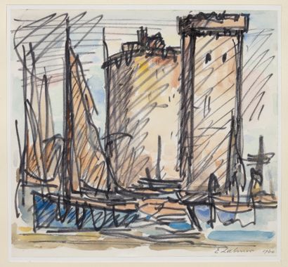 Emile LAHNER (1893-1980) La Rochelle Feutre et aquarelle sur papier, signé et daté...