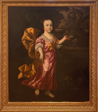 Pieter NASON (1612-1688), entourage de 
穿着粉色连衣裙、戴着珍珠项链的少女肖像 画布 126 x 101,5 cm (修复和一些缺失部分)...