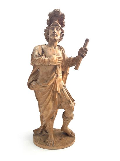 Allemagne du Sud ou Italie du Nord, XVIIe siècle Military saint in sculpted limewood,...