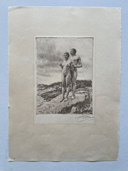 Anders Léonard Zorn (1860-1920) Couple au bord de la mer Eau-forte (20 x 15 cm) sur...