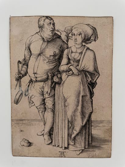 Albrecht Dürer (1471-1528) 厨师和他的妻子》，1497年手工蚀刻在纸上 边缘线在版外被切断 10.7 x 7.5 cm 非常精美的15世纪印刷品.参考资料：Bartsch...