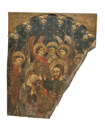 Ecole ESPAGNOLE, début du XVIème siècle 圣母的崇拜 圣母的加冕 一对面板，一个片段，准备好69 x 56厘米的对子 出处...