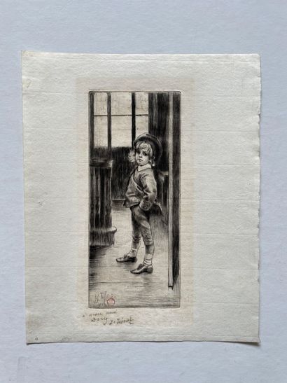 James TISSOT (1836-1902) 他的第一套服装蚀刻版画（18 x 8厘米），印在手工纸上（23.5 x 19.5厘米），有红色印章和签名。左下...