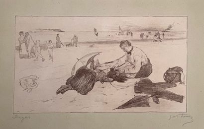 Edgar DEGAS & Georges W. THORNLEY 海滩》石版画，采用中国纸浆，涂在羊皮纸上，有德加和索恩利的铅笔签名。32 x 47,5 cm...