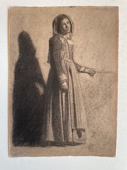 Charles-Francois SELLIER (1830-1882) Jeune femme dans la pénombre Crayon noir sur...