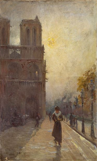 Suzanne Adrienne ADAM-LAURENS (1861-1915) Walk near Notre-Dame de Paris Oil on canvas,...