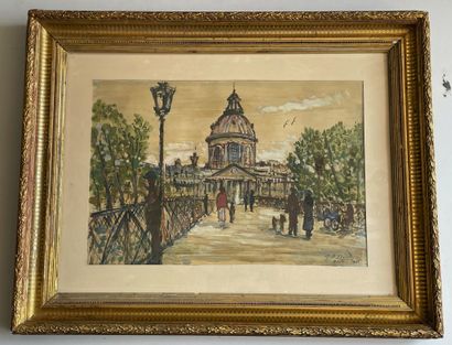Garabed A. MOMDJIAN (né en 1922) Le pont des arts Oil on paper, signed lower right,...