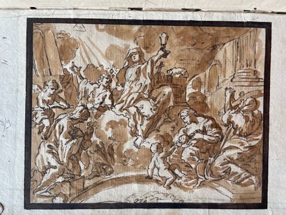 Ecole ITALIENNE, du XVIIIème siècle 基督教的寓言 钢笔和棕色墨水，黑色铅笔线条，棕色水洗 16.5 x 21.5 cm 这幅画被贴在一本献给查理十世的关于基督教的手稿中，作者是...