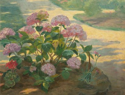 Victor CHARRETON (1864-1936) 
Flowers behind the house 
Canvas signed lower right

72...